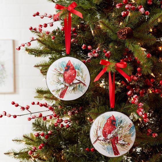 Winter-Cardinal-and-Pine-Branch-Disc-Ornament,-Set-of-2-Ornaments