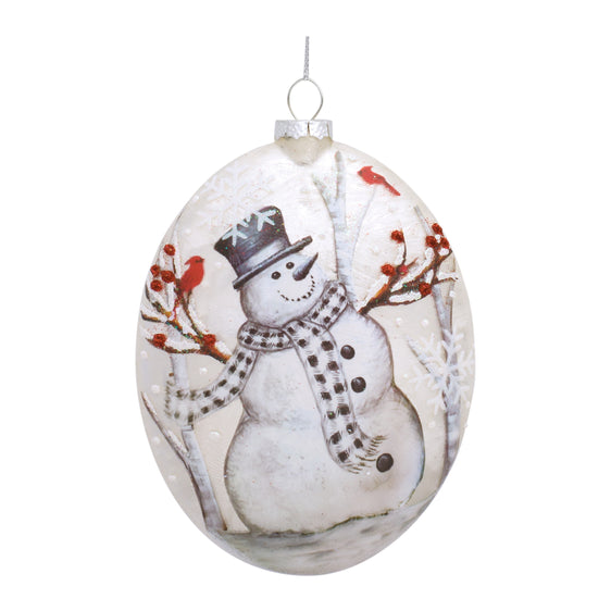 Whimsical-Snowman-Disc-Ornament-with-Snowy-Cardinal-Scene,-Set-of-6-Ornaments