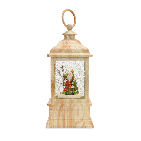 LED Snow Globe Lantern with Santa and Wood Grain Design 9"