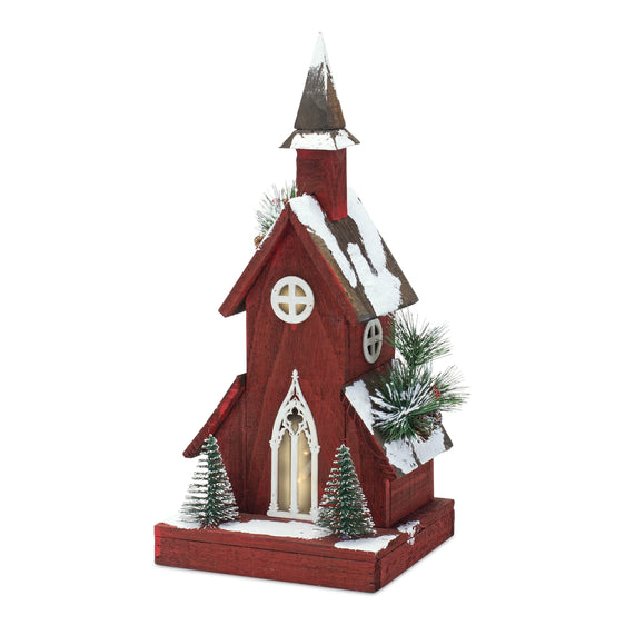 Lighted Winter Church Display with Pine Accents and Snowy Finish 19"