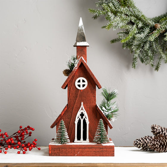 Lighted Winter Church Display with Pine Accents and Snowy Finish 19"