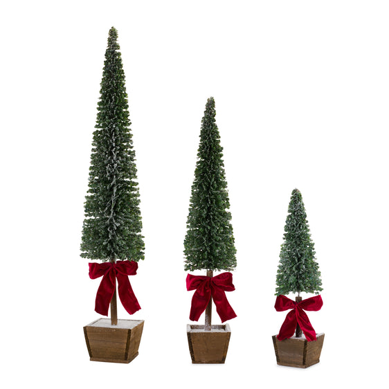 PVC-Bottle-Brush-Design-Pine-Tree-Décor-with-Bow-(Set-of-3)-Decor