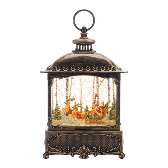 LED Snow Globe Lantern with Santa's Sleigh Scene 12.25"