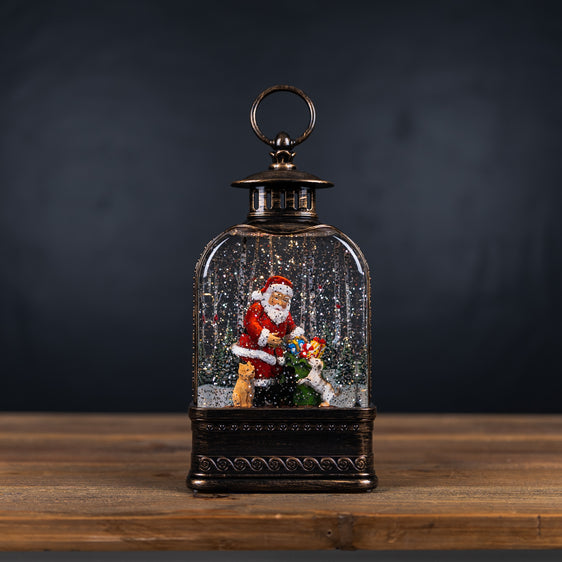 LED Snow Globe Lantern with Santa and Dog 11.25"