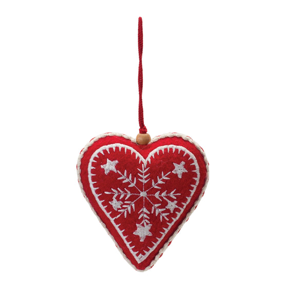 Embroidered Wool Heart Ornament, Set of 6