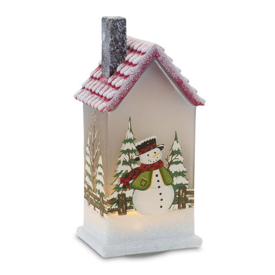 LED-Lighted-House-with-Snowman,-Set-of-2-Decor