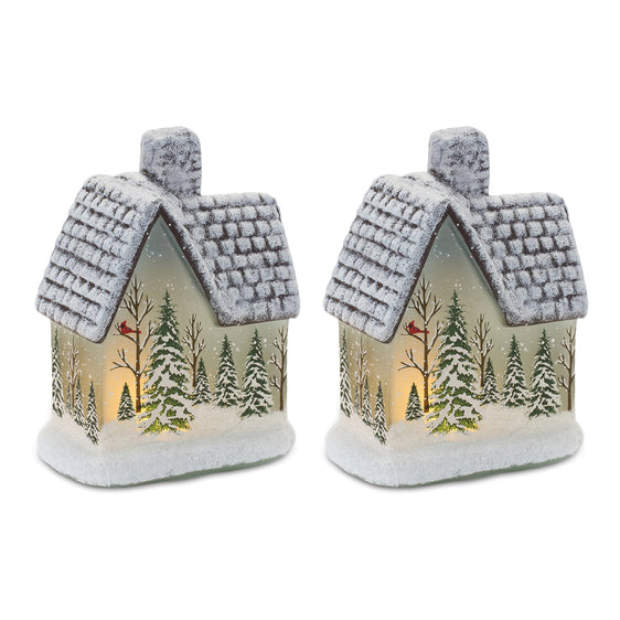 LED Lighted House with Pine Trees, Set of 2