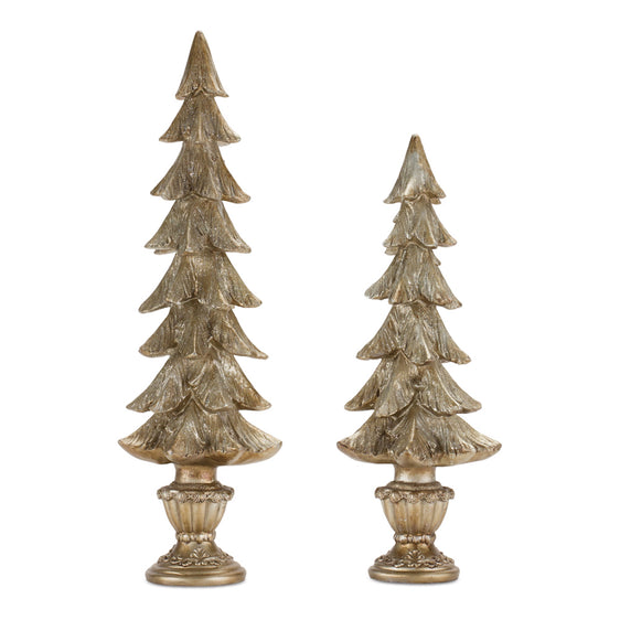 Pine-Tree-on-Pedestal,-Set-of-2-Decor