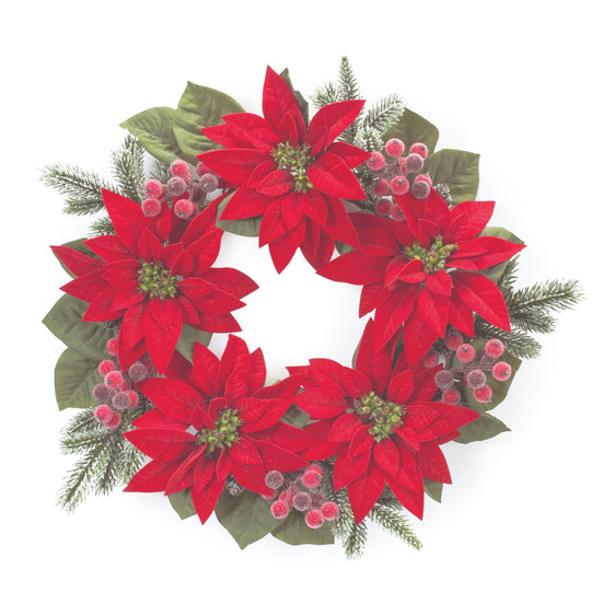 Poinsettia Flower Pine Wreath 24.5"