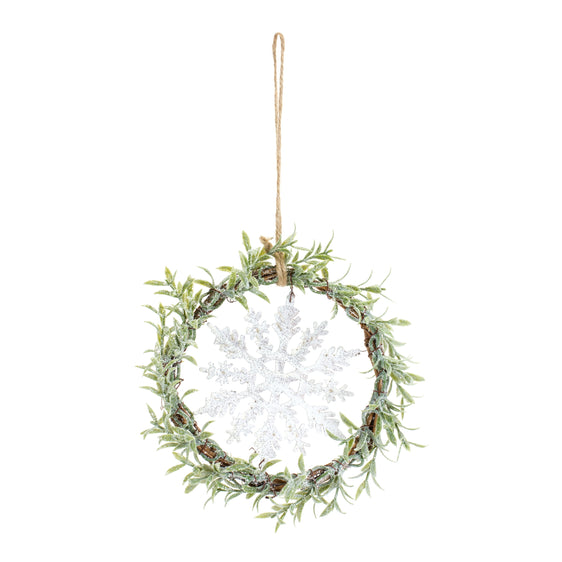 Frosted Winter Mini Leaf Wreath with Snowflake Ornament, Set of 6