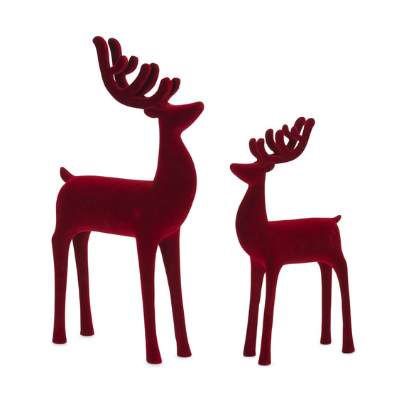 Red-Flocked-Deer-Figurine,-Set-of-2-Decor