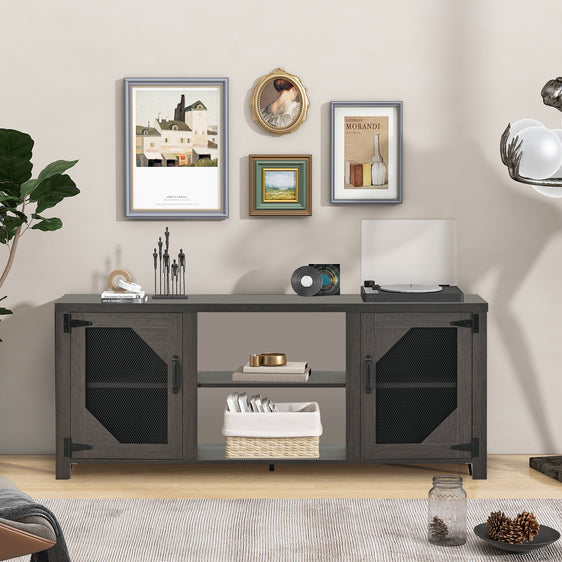 Modern Dark Oak 65'' Media Storage Console with Metal Mesh Cabinet Doors