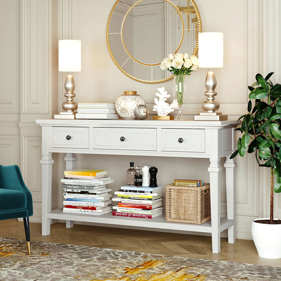 Reese-50''-Console-Table-with-2-Tiers-of-Storage,-3-Drawers-and-Open-Style-Bottom-Shelf,-Antique-White-Consoles