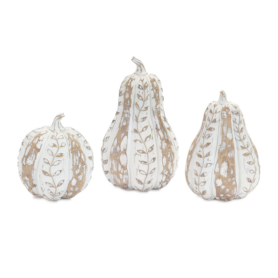 White-Washed-Wood-Design-Pumpkin-with-Leaf-Pattern,-Set-of-3-Fall-Decor