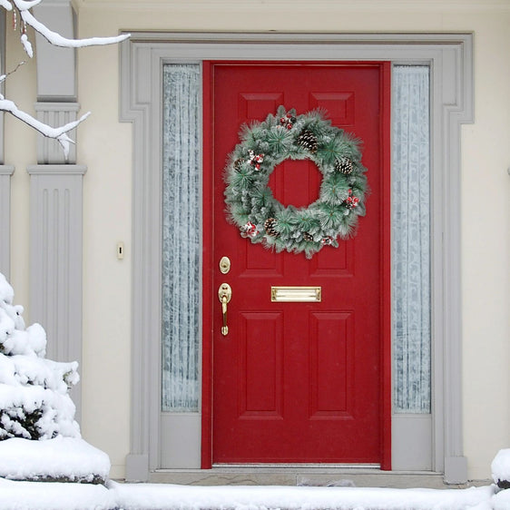 24-in-Indoor/Outdoor-Pinecones-and-Red-Berries-Sterling-Spruce-Wreath-with-White-Frosted-Branch-Tips-and-Sliver-Glitter-Accents-Wreaths