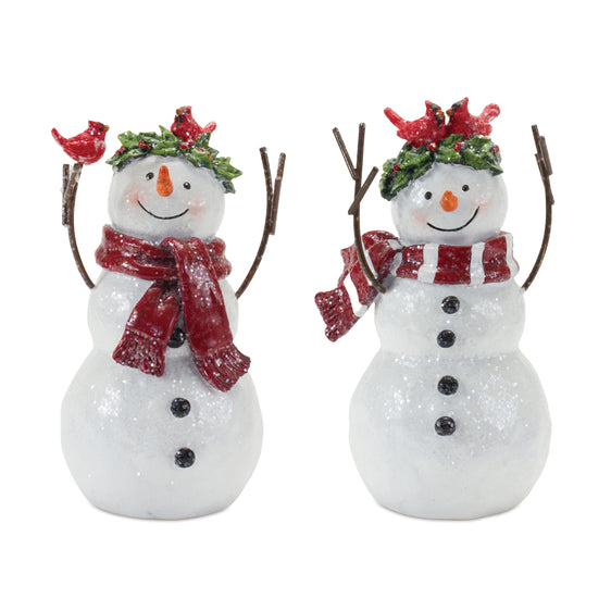 Snowman Figurine with Cardinal Accents, Set of 2