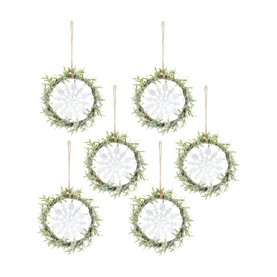 Frosted-Winter-Mini-Leaf-Wreath-with-Snowflake-Ornament,-Set-of-6-Wreaths