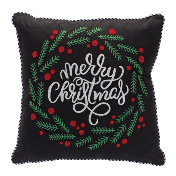 Embroidered Merry Christmas Wreath Throw Pillow 15"