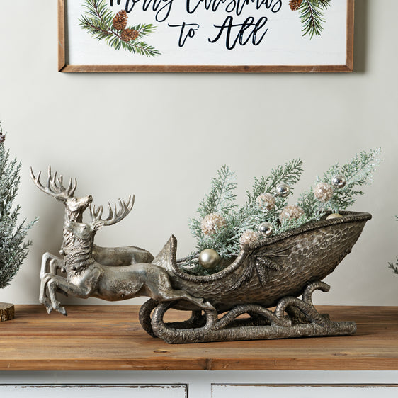 Holiday Deer with Sleigh with Silver Finish 25"