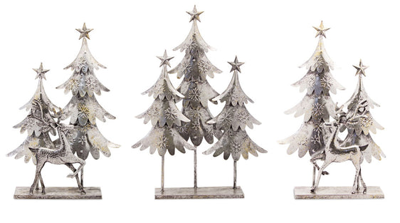 Silver-Hammered-Metal-Deer-with-Trees-Display-(set-of-3)-Silver-Decor