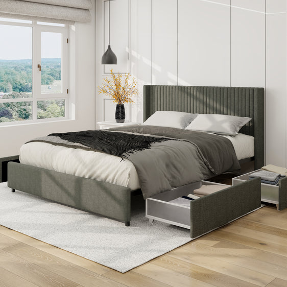 Anna Queen Size Gray Linen Upholstered Wingback Platform Bed