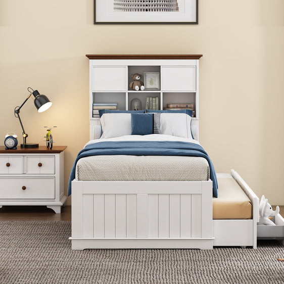 Cole Captain Bookcase Bed with Trundle, 3 Drawers, White and Walnut