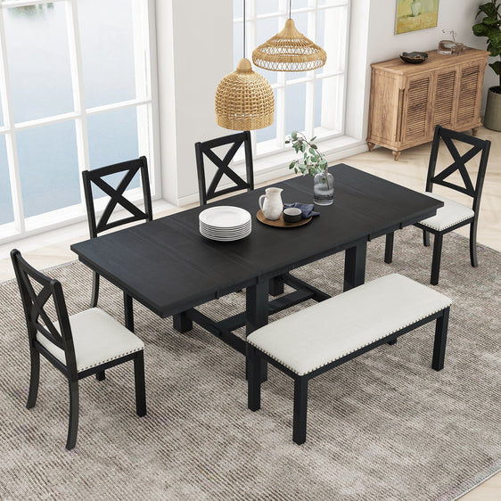 Farmhouse 82" 6-Piece Extendable Dining Table with Footrest, 4 Upholstered Dining Chairs, Dining Bench and Two 11" Removable Leaf