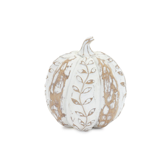 White Washed Wood Design Pumpkin with Leaf Pattern, Set of 3