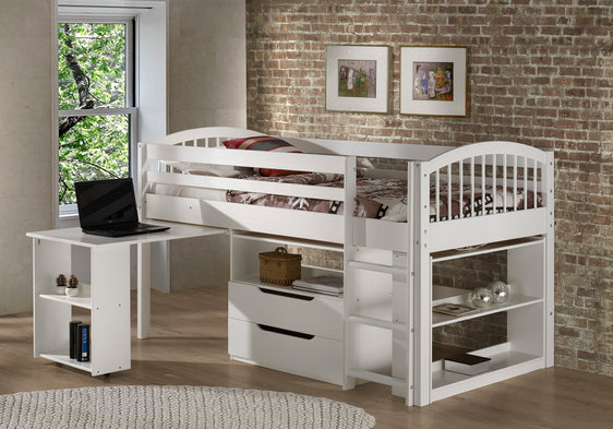 Addison Wood Junior Loft Bed with Storage Drawers, Bookshelf, and Desk