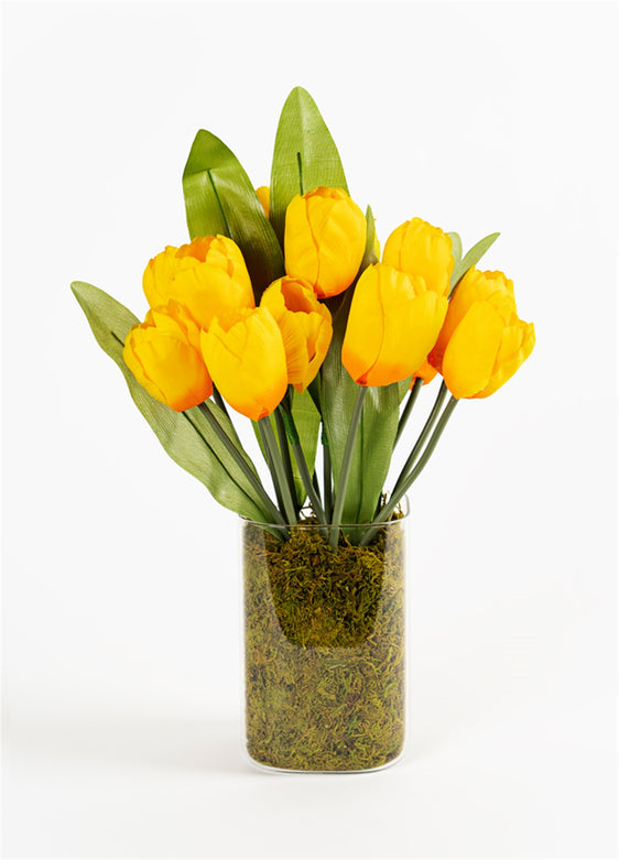 Yellow-Tulip-Glass-Vase-Arrangement,-Set-of-2-Faux-Florals