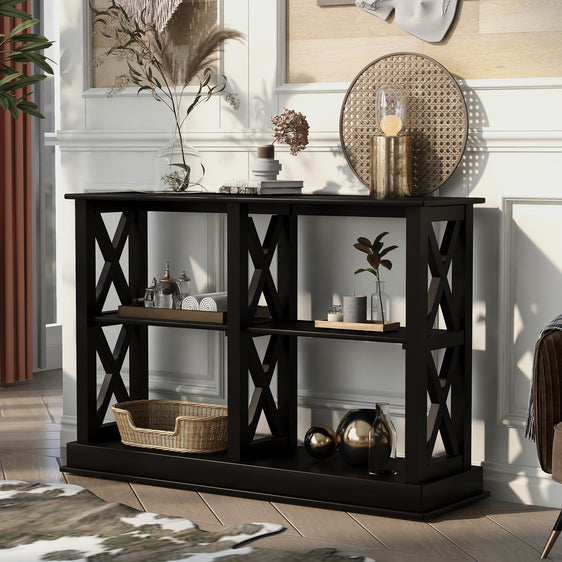 Abby-Console-Table-with-3-Tier-Open-Shelves-with-X-Design,-Black-Consoles