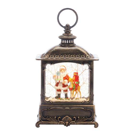 LED Santa and Deer Snow Globe Lantern 10.25"