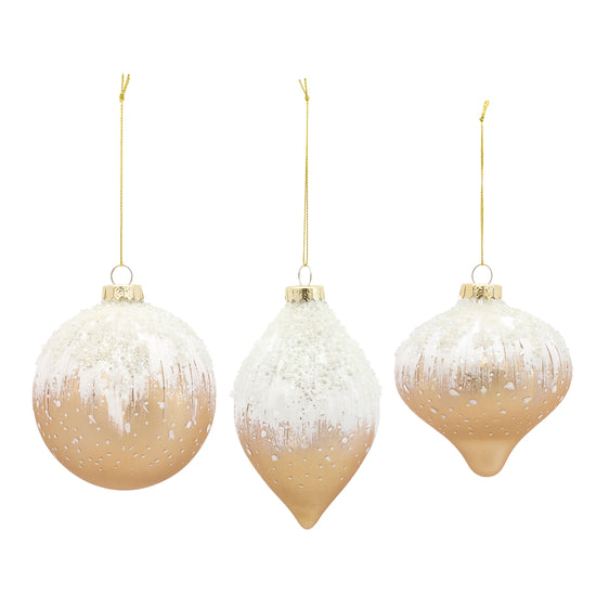 Beaded Gold Glass Ornament with Snowy Accent, Set of 6