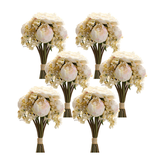 Ivory-White-Peony-and-Hydrangea-Flower-Bouquet,-Set-of-6-Faux-Florals