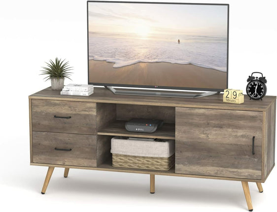 Mid-Century Industrial Modern Tv Stand With Sliding Doors And Two Drawers For 55/60 Inch Tv