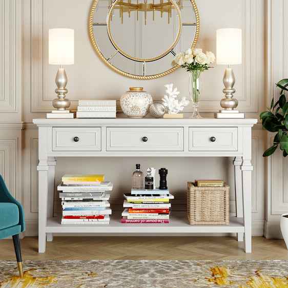 Reese 50'' Console Table with 2 Tiers of Storage, 3 Drawers and Open Style Bottom Shelf, Antique White