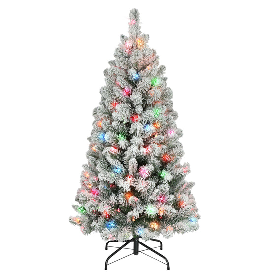 4.5 ft Pre-lit Flocked Virginia Pine Tree with Multi-Color Lights & Metal Stand