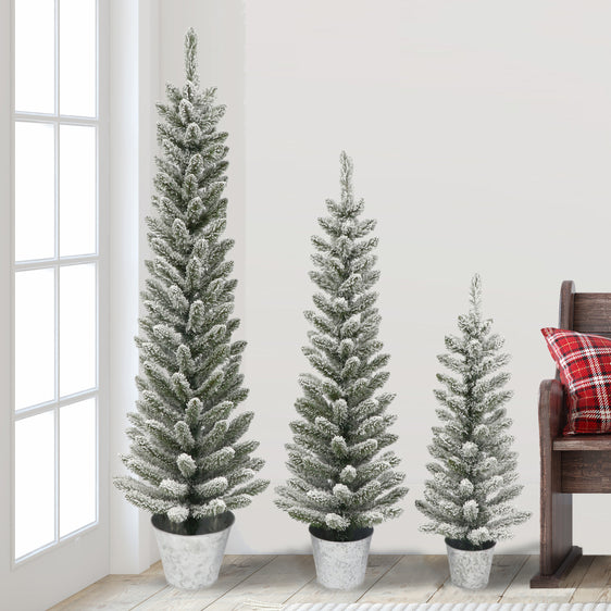 Set-of-3-Potted-Flocked-Pencil-Trees-in-Decorative-Galvanized-Metal-Pots-Christmas-Trees