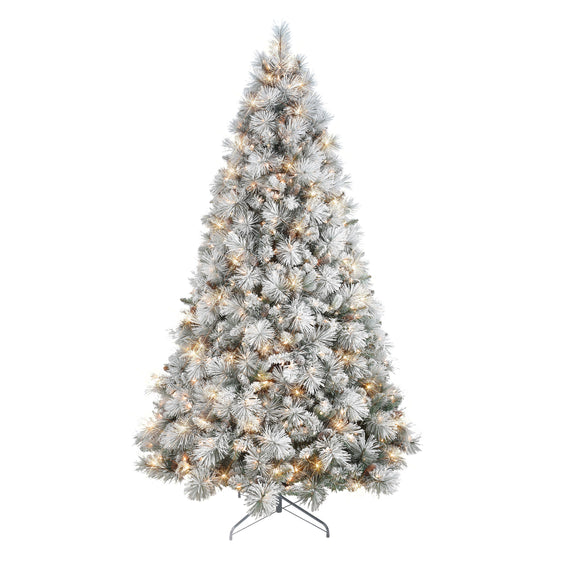 7.5 ft Pre-lit Flocked Christmas Tradition Pine Tree with Clear Lights & Metal Stand