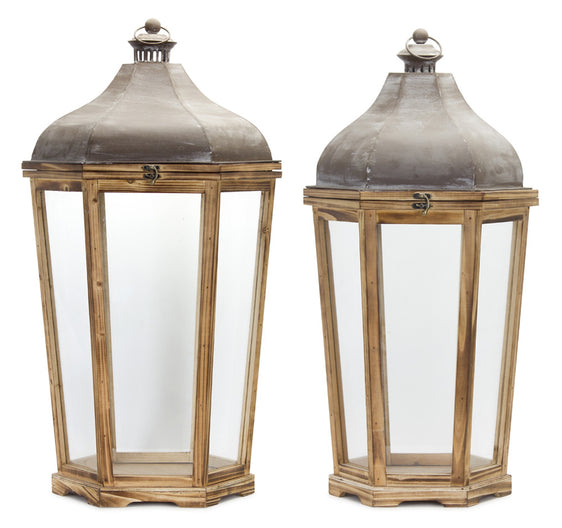 Tapered-Wooden-Floor-Lantern-with-Rustic-Metal-Lid-(set-of-2)-Brown-decorative