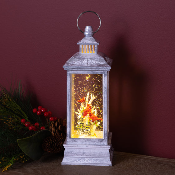 LED Snow Globe Lantern with Cardinal Bird Scene 12.74"