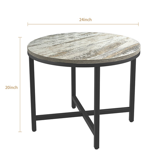 Wood-Grain Round Side Table With Black Matte X-Shaped Metal Frame And Adjustable Foot Pads