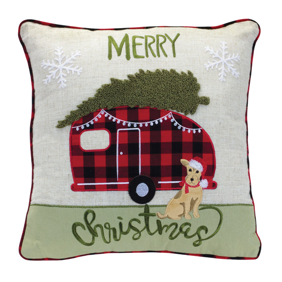 Embroidered Camper Christmas with Dog Throw Pillow 15"