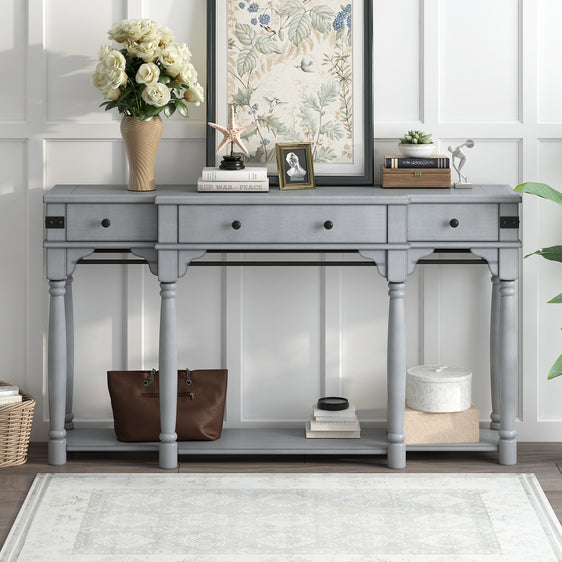 60" Console Table with Storage Drawers and Bottom Shelf for Entryway, Antique Gray