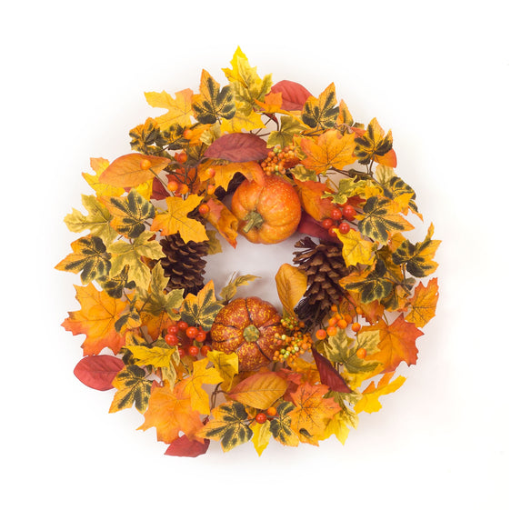 Harvest Foliage Candle Ring with Pumpkin and Pinecone Accents 20.5"