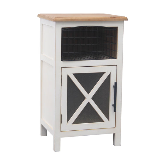 Natural Wood Farmhouse Wooden Side Table with X-designed Glass Door and Storage Basket