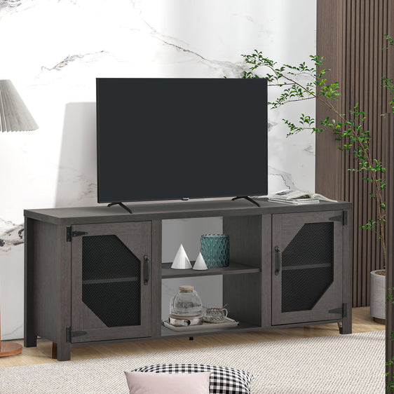 Modern-Dark-Oak-65''-Media-Storage-Console-with-Metal-Mesh-Cabinet-Doors-Consoles