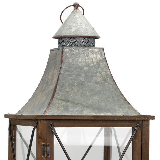 Rustic Wood Lantern with Galvanized Metal Lid, Set of 2