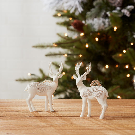 Modern-White-Deer-Ornament-with-Raised-Pine-Design,-Set-of-6-Ornaments