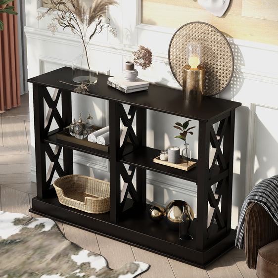 Abby Console Table with 3 Tier Open Shelves with X Design, Black